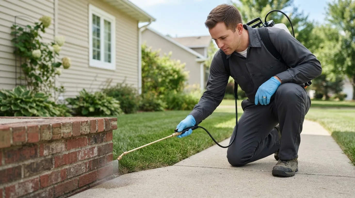 Pest control technician treating a home near Southington, OH